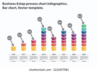 Business 8 step process chart infographics.
Bar chart, Vector template.