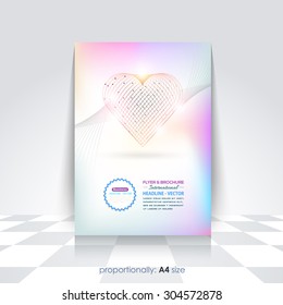 Business A4 Style Flyer, Poster Design. Heart Style Abstract Modern Technology Symbols, Geometric Polygonal Trend Molecular Dots Array Concept Background Theme.