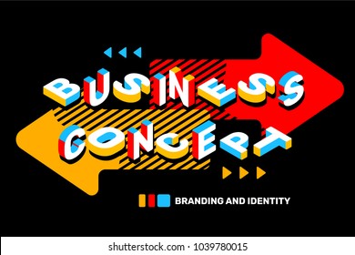 Business abstract concept on black background with bright colorful arrow. Isometric design for banner. Vector creative horizontal illustration of 3d word lettering typography with business title