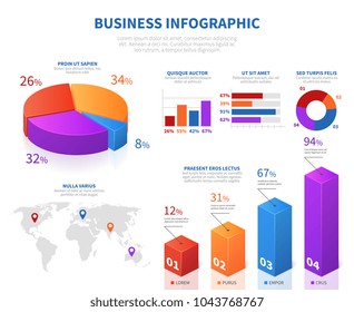 Business abstract infographics with 3d pie info char and graph bar. Business chart and diagram report info, infochart layout. Vector illustration