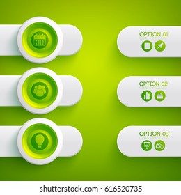 Business abstract infographics with icons on green circles and gray horizontal round banners vector illustration