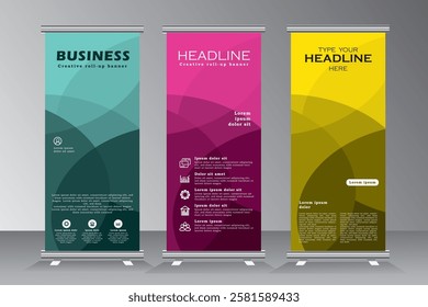 Business abstract roll up banner design for events, annual meetings, presentations, marketing, promotions, red, blue and yellow print ready color