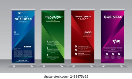 Business Abstract Roll Up Banner for event, presentation, exhibition, and multi purpose, Poster Brochure flat design template creative concept in blue, red, green and purple colors