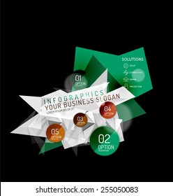 Business abstract triangular infographics layout, 3d composition with options. Green color on white