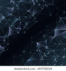 Business abstract vector black and white background with chaotic polygons. Abstract spatial dark background, network polygonal illustration