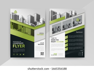 Plantilla de vector abstracto de negocio para Folleto, Informe Anual, Revista, Afiche, Presentación Corporativa, Cartera, Volante, Mercado, infografía de color verde y negro tamaño A4, Delantero y posterior.