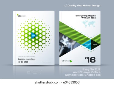 Business abstract vector template. Brochure design, cover modern layout, annual report, poster, flyer in A4 with green triangles, geometric shapes for tech, science, market with light background.