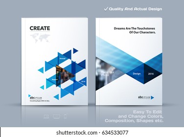 Plantilla vectorial abstracta del negocio. Diseño de folleto, diseño moderno de portada, informe anual, afiche, volante en A4 con triángulos azules, formas geométricas para tecnología, ciencia, mercado con fondo claro.