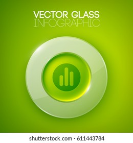 Business abstract web concept with glass round button and graph icon on green background isolated vector illustration