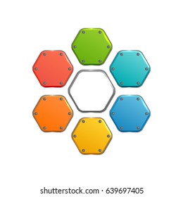 Business abstract web elements collection with colorful metal hexagonal buttons on white background isolated vector illustration