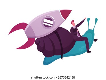 Business Acceleration Concept. Businessman Riding Flying Snail with Rocket Turbine. Start Up Project, Career Boost, Leadership Competition Race. Male Character Aspiration. Cartoon Vector Illustration