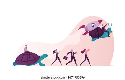 Business Acceleration Concept. Business People Race, Leadership Competition. Male and Female Manager Characters Riding Turtle and Flying on Speedy Snail with Rocket Engine. Cartoon Vector Illustration