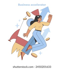 Business Accelerator-Konzept. Eine erstrebenswerte Unternehmerin, angetrieben von einer Rakete, die schnelles Wachstum und Erfolg bei Unternehmensgründungen symbolisiert. Vektorillustration.