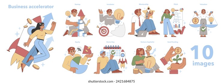 Business Accelerator set. Dynamic visuals of startup growth stages. Ideation to funding, mentorship, and valuation. Entrepreneurial journey theme. Vector illustration.