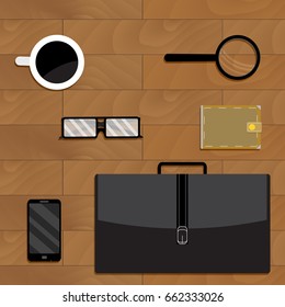 Business accessories on desktop. Vector wallet and cup of coffee, illustration of glasses and briefcase