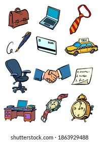 Business accessories things of a businessman collection set icons symbols comic cartoon retro style drawing