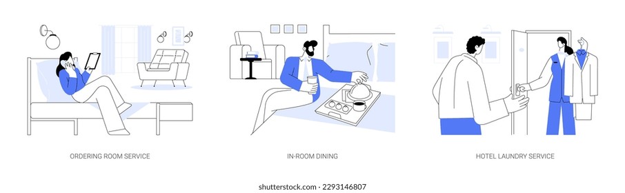 Business accommodation facilities abstract concept vector illustration set. Ordering room service, in-room dining, hotel laundry service, dry cleaning and ironing clothes abstract metaphor.