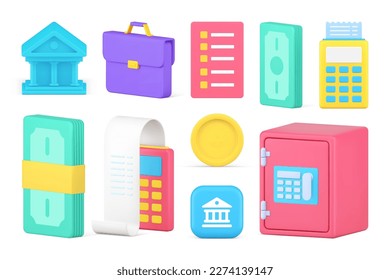 Business accounting financial economy banking analyzing set 3d icon realistic vector illustration. Investment briefcase e money payment bill invoice wealth safe storage cash dollar banknote note list