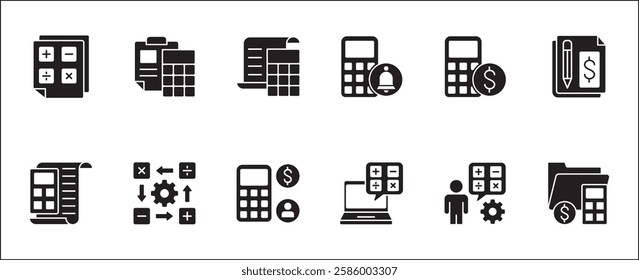Business accounting icon set. Finance and calculation icons. Icons set contains symbol of accountant, salary, tax, billing, calculator, report, audit, balance, income, earnings, analysis, budget.