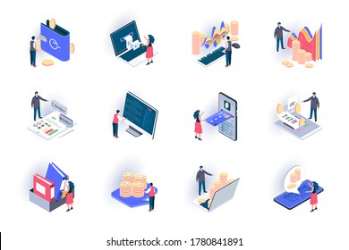 Business accounting isometric icons set. Financial management, consulting and audit service flat vector illustration. Stock trading, investing analytics 3d isometry pictograms with people characters.