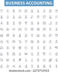 Business accounting line icons, signs set. Accounting, Business, Finance, Bookkeeping, Ledger, Reconciliation, Chart, Bank, Journal outline vector illustrations.