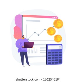Business accounting, profit growth, calculation. Data analysis, analytics and statistics. Accountant, bookkeeper with laptop cartoon character. Vector isolated concept metaphor illustration. - Powered by Shutterstock - Get 15% off with code: PIKWIZARD15