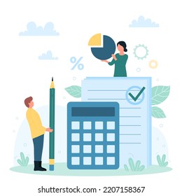 Business Accounting, Report And Budget Analysis Vector Illustration. Cartoon Tiny People Calculate Financial Data, Balance And Tracking Cashflow, Office Characters With Calculator, Charts And Pencil