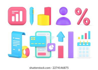 Los datos estadísticos de contabilidad empresarial que analizan la información de los informes financieros establecen un icono 3d ilustraciones vectoriales realistas. Análisis de la gestión de las empresas Financieras Presentación del gráfico de beneficios de pagos bancarios