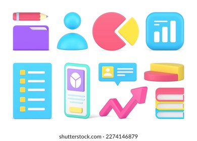 La estadística de contabilidad de negocio análisis financiero de la gestión del diagrama de gráficos conjunto Icono 3d ilustración vectorial realista. Análisis de organigrama análisis de documentos de aprendizaje comercial logro de crecimiento de beneficios