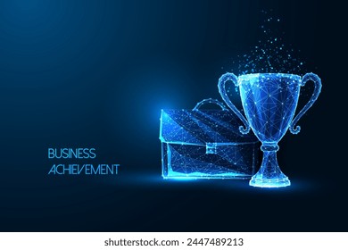 Business achievement, accomplishment, competetive advantage futuristic concept with briefcase and trophy in glowing polygonal style on dark blue background. Modern abstract design vector illustration.