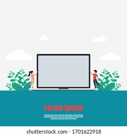 Business achievement of background. Presentation for work on a laptop. Couple of two happy smiling people.  Vector illustration flat style
