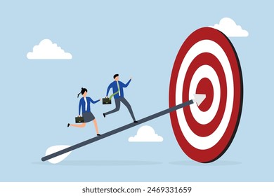 Business achievement, businessman and businesswoman rush from a bow and arrow hitting polar target.