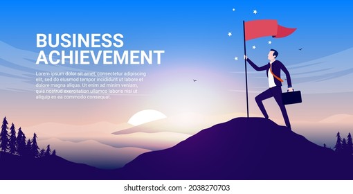 Business achievement - Businessman holding flag on mountaintop with epic landscape and sunrise in background. New day with success concept. Vector illustration