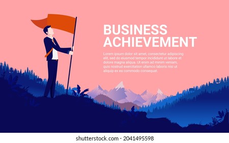 Business achievement - Businessman holding flag outdoors in nature with epic view and copy space for text. Vector illustration