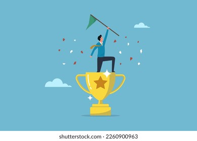 Business achievement, businessman winner raising flag on winning trophy,  accomplishment for leadership success, determination for career success concept, triumph or award winning