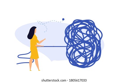 El reto del logro de los negocios, el concepto de vector del progreso de la labor. Resumen estrategia conceptual enmarañada, ilustración personal. Mujer tirando para una solución de carrera, balón de arañazos. Buscando metáfora de motivación.