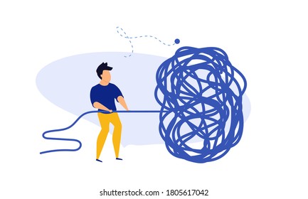 Business achievement challenge, work progress vector concept. Abstract tangled conceptual strategy, person illustration. Man pulling for career solution, clew ball. Searching for motivation metaphor.