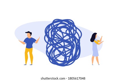 Business achievement challenge, work progress vector concept. Abstract tangled conceptual strategy, teamwork people illustration. Career solution clew ball. Searching for motivation metaphor.