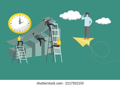 business achievement chart climbed by business manager helping each other, employee making business chart with ladder, 1 employee relaxing reading aboss monitoring through binocular. Vector Design