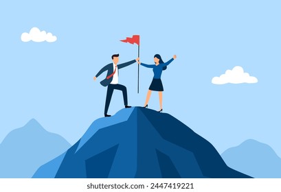 Business achievement concept. Businessman and businesswoman standing on mountain peak with winner flag. Success team work.