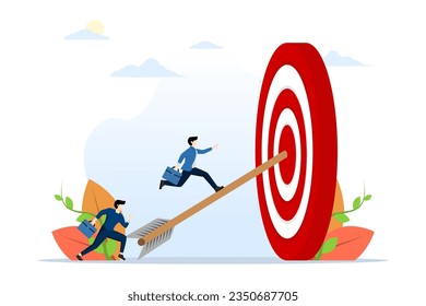 business achievement concept, improvement goal, success target or career growth, confident businessman and businessman work team running archer arrow on target. flat vector illustration.