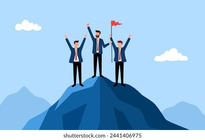 Business achievement concept. Business people standing on mountain peak with winner flag. Success team work.