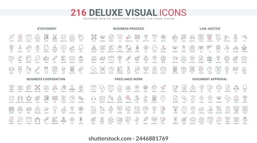 Business achievement and cooperation, judgment and legal law, freelance line icon set. Office stationery and briefcase of employee, file approval thin black and red outline symbols vector illustration