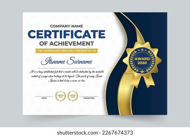 Business achievement credential design with dark and golden colors. Printable award certificate and diploma paper vector for appreciation. Educational or sports appreciation paper with a golden badge.