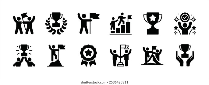 Icon-Set für geschäftliche Erfolge. Enthaltend Auszeichnung, Gewinner, Belohnung, Trophäe, Ziel, Erfolg, Sieg, Wachstum, Berggipfel, Teamwork, Karriere, Feier, Leistung, Triumph. Vektorgrafik