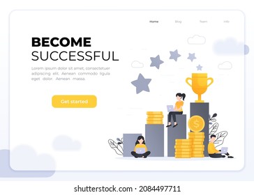 Business achievement flat vector illustration. Small people working on laptops around columns with pile of coins, golden cup and stars. Businessmen rich their goals landing page template