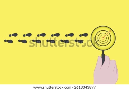 Business achievement goal and objective target concept background vector art. Hand holding magnifying glass focusing on target goal on yellow background