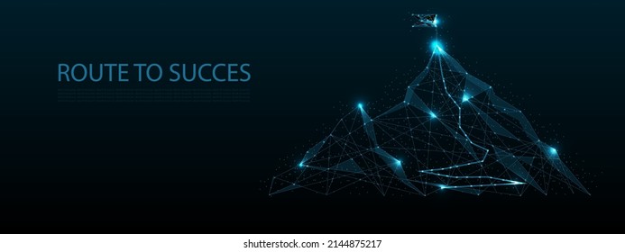 Business achievement, goal, path to success, vector poster banner design template. Route to the flag on mountain top, low poly wireframe mesh. Polygonal art style illustration.