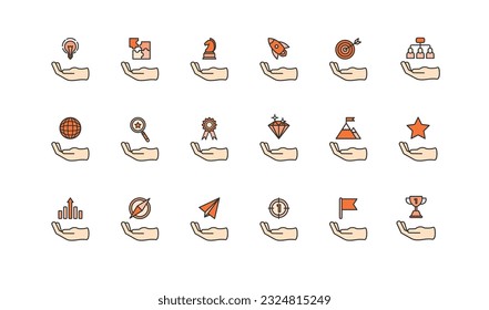 business achievement icon set, trophy icon collection, achievement award, star trophy, apple award, flag, hand  award