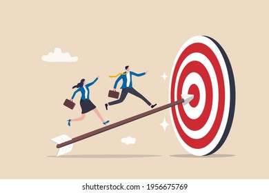 Business achievement, improvement goal, success target or career growth concept, confidence businessman and businesswoman working team running up archer arrow which hitting bullseye target.